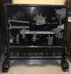 Vintage Oriental Influenced Carved & Painted Lacquer Fire Screen Used. Price: $575.00.